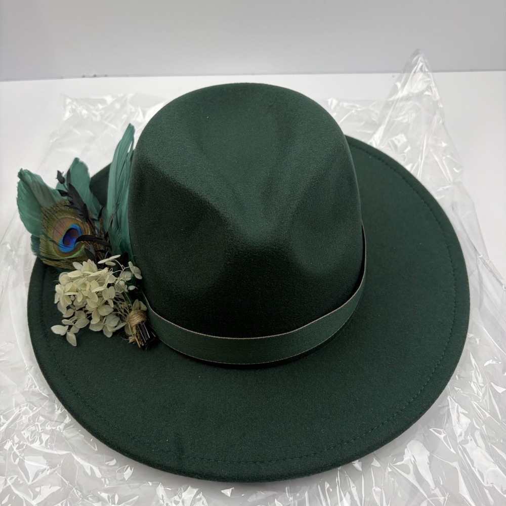 Feather Fedora Hat Womens One Size Green Wide Brim Peacock Formal Wedding Party